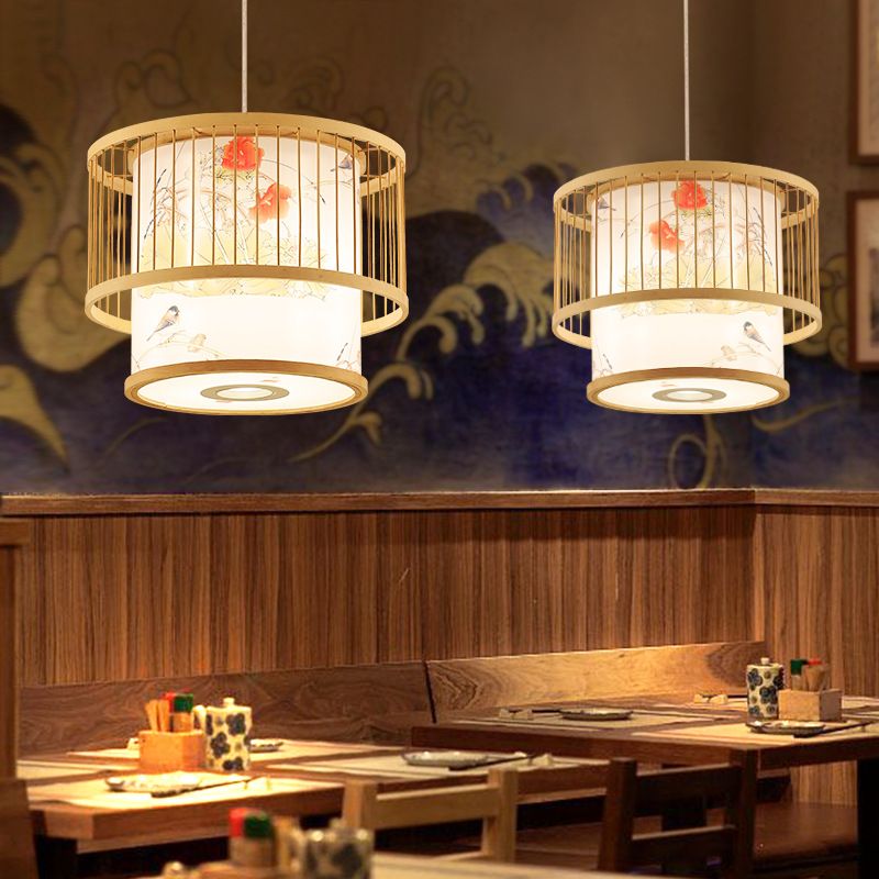 Chinesische Zylinderdecke Anhänger Leichte Bambus -Hängelampe für Teeberzimmer