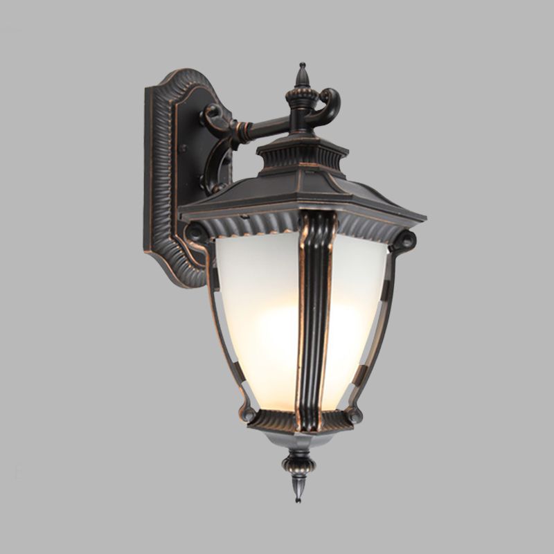 1-Light Sconce Lighting Country Outdoor Wall Lamp with Urn Tanslucent Glass Shade in Black