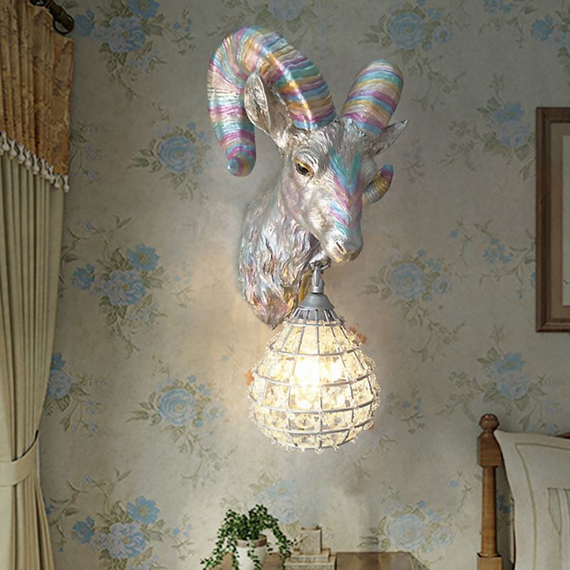 1 Light Resin Wall Lamp Rustic Silver Goat Indoor Sconce Light Fixture with Orb Crystal Shade