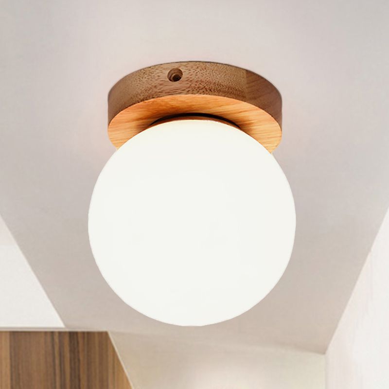 One Light Globe Flush Mount Ceiling Light Nordic Wooden Milky Glass Lighting Fixture