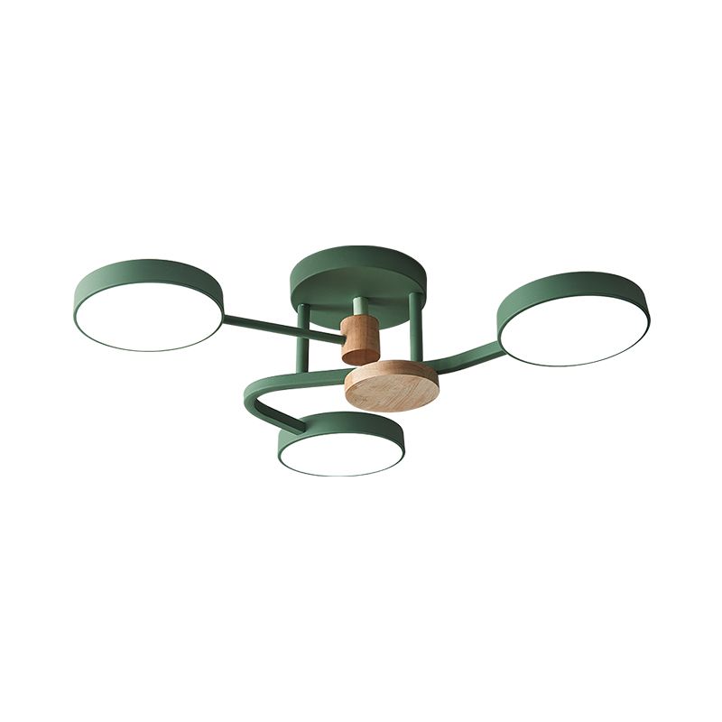Round Semi Flushmount Lighting Macaron Metallic LED Bedroom Flush Mount Lamp Fixture in Grey/White/Green with Curved Arm
