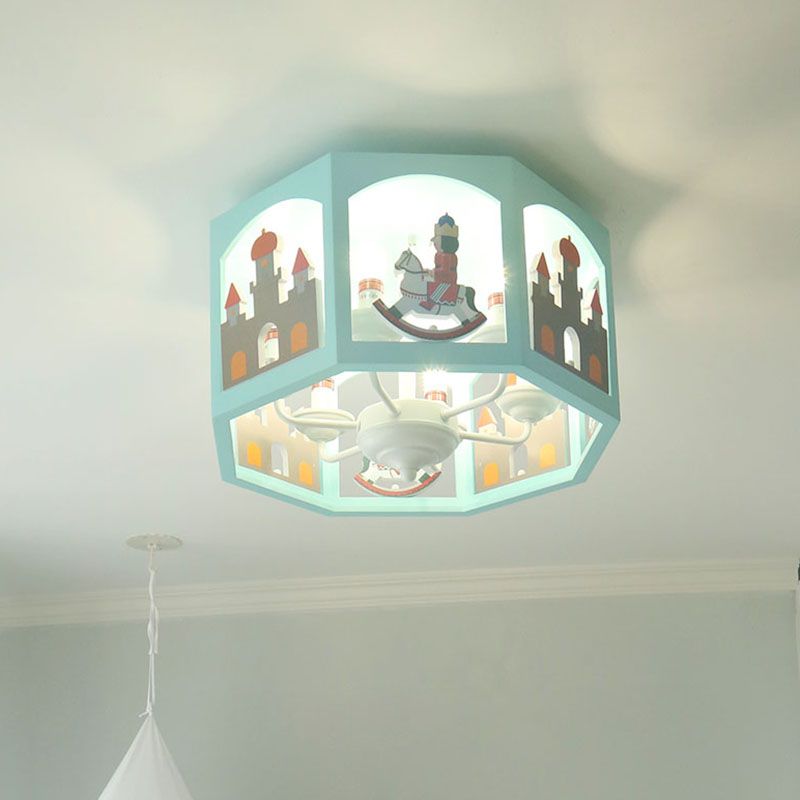 6 Heads Bedroom Semi-Flush Mount Macaron Green Ceiling Light Fixture with Octagon Metal Shade