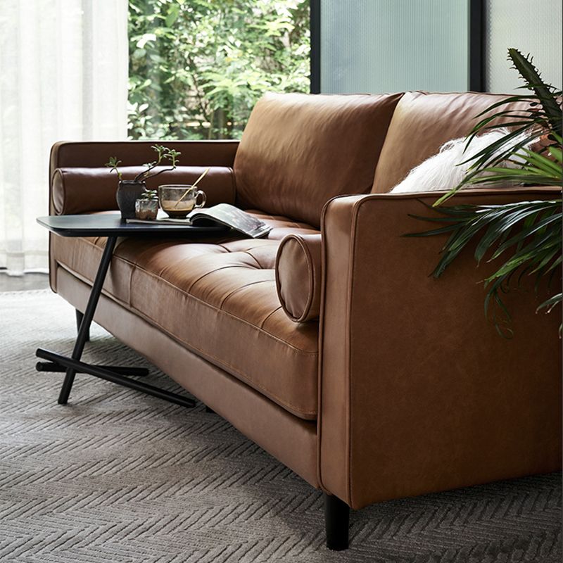 Brown Leather Settee Couch Square Arm Standard Bench Seating