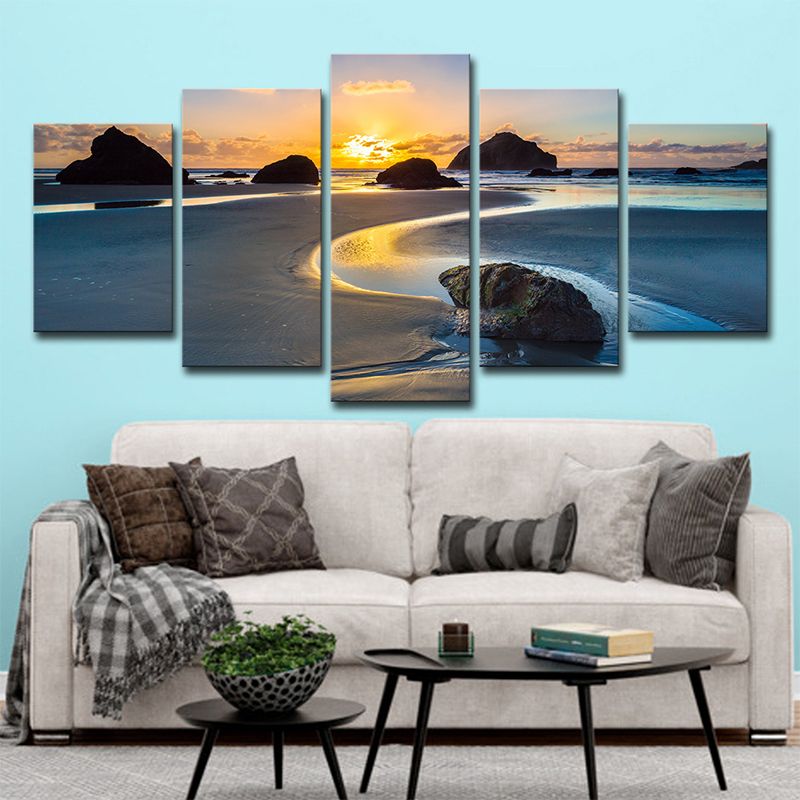 Sundown Rock Seashore Wall Art Yellow Tropical Canvas Print for Sitting Room, Multi-Piece