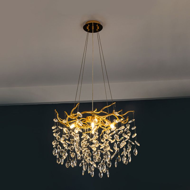 Goldene Aluminiumzweige geformte Kronleuchter transparente Kristalltropfen rustikaler Vintage -Anhänger Licht