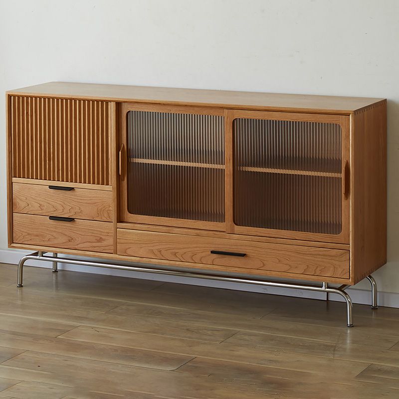 Solid Wood Sideboard Table Natural Adjustable Shelves Credenza with Glass Door
