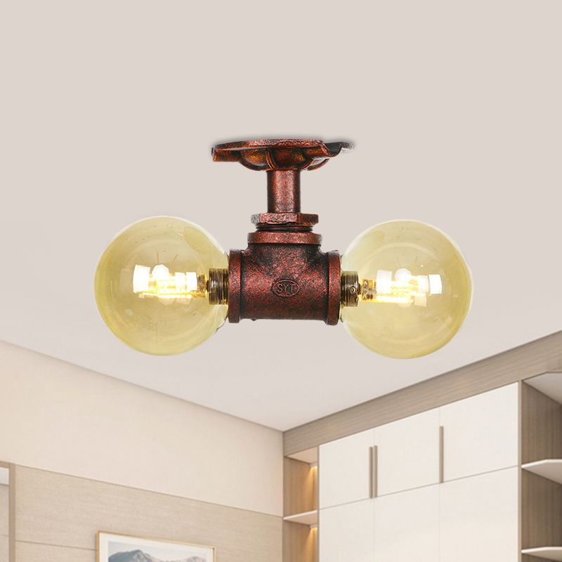 Plafonnier LED en verre ambré et cuivre, boule lumineuse à 2 têtes, luminaire de plafond semi-encastré pour ferme