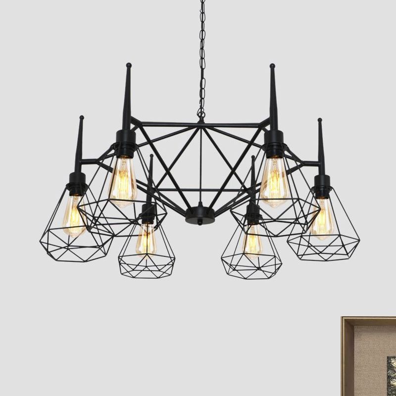 Multi Light Chandelier Lamp Retro Industrial Cage Diamond Iron Ceiling Pendant Light with Adjustable Chain in Black