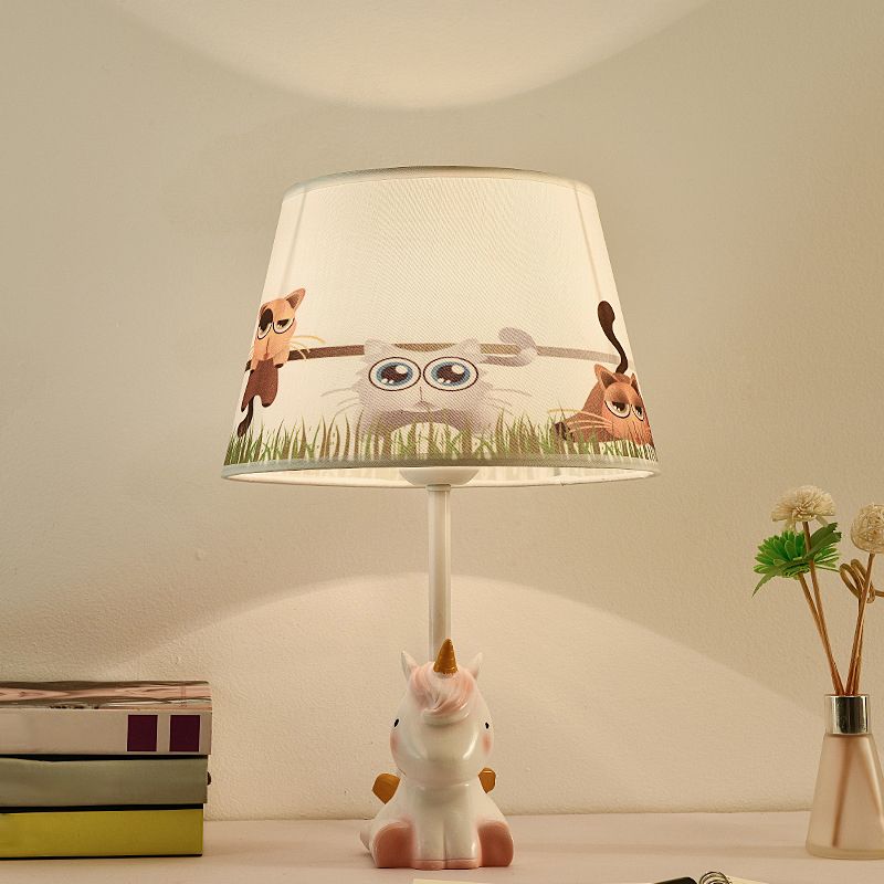 Pink Unicorn Table Lamp Cartoon 1 Head Resin Nightstand Light with Patterned Empire Shade