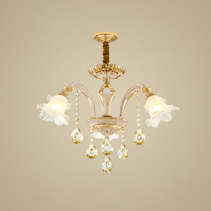 Gold 3/6-Light Ceiling Chandelier Traditional Crystal Stand Suspension Lighting with Floral Frosted Glass Shade