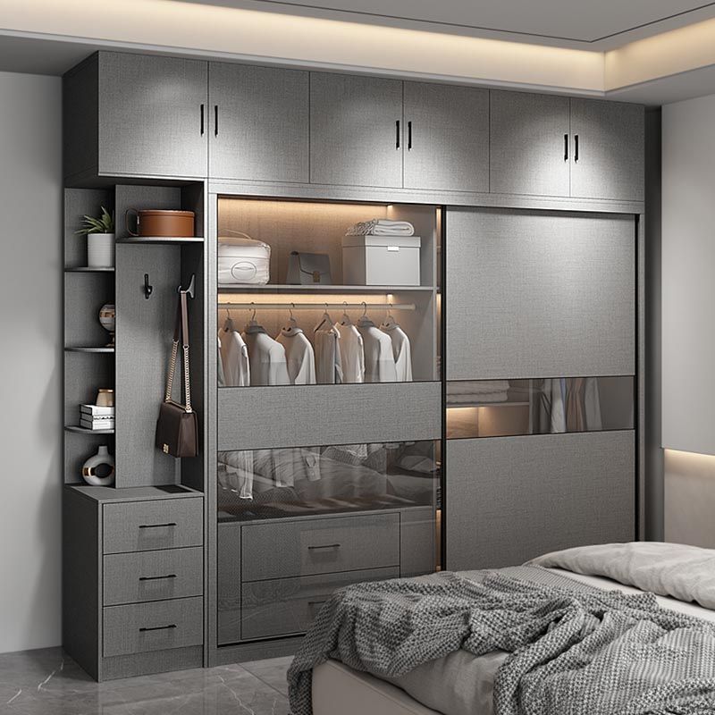 Modern Style Glass Wardrobe Gray Colour Soft Close Drawer Wardrobe Closet