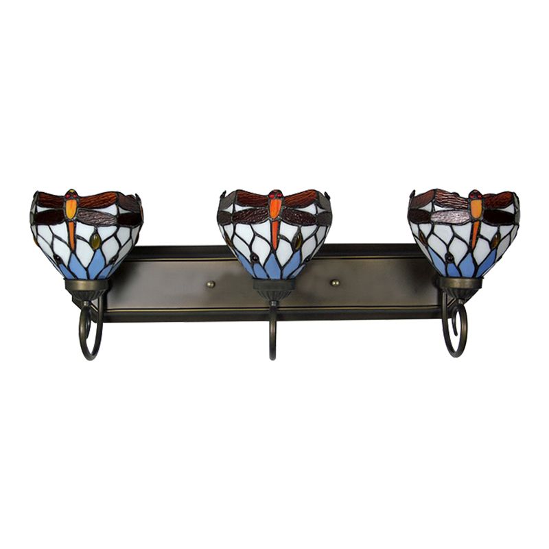 3 Lights Dragonfly Wall Lighting Stained Glass Lodge Vanity Light in Antique Brass for Bathroom