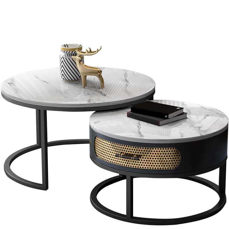 Modern Metal Frame Storage Coffee Table White Slate Round Table