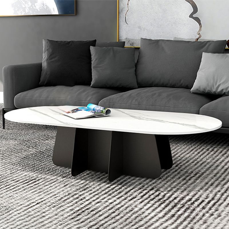 Glam Style Oval Coffee Table with Marble Top and Iron Base in Black
