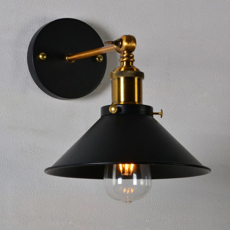 Rolled-Edge Cone Kitchen Wall Lamp Countryside Metal 1 Bulb Black/White-Brass Wall Mount Lighting with Adjustable Joint