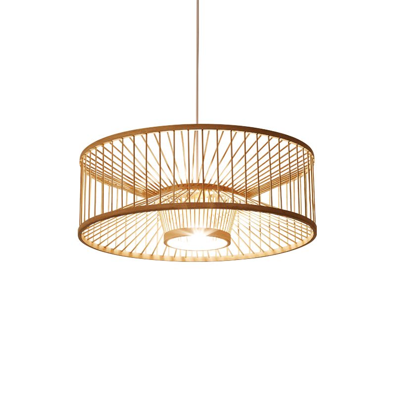 Drum Bamboo Pendant Lighting Contemporary Single-Bulb Wood Suspension Light Fixture