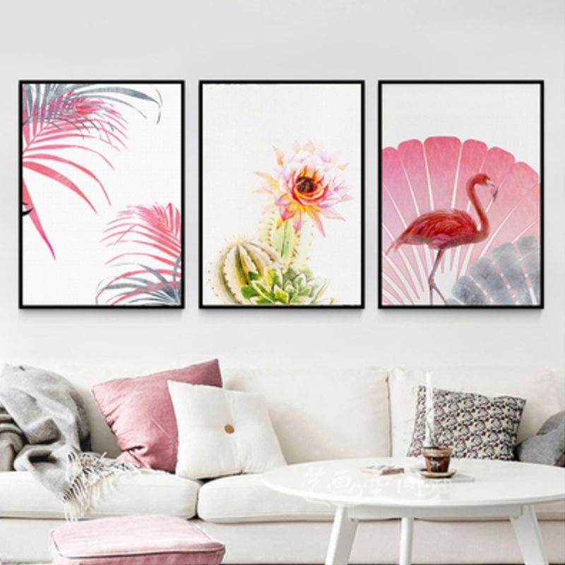Tropix Flower and Flamingo Art Print Canvas Textured Pink Wall Decor for Home, Set of 3