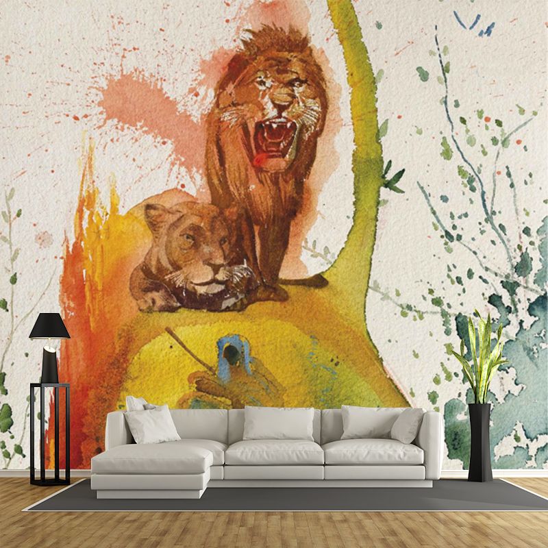 Surrealist Lions Painting Mural for Accent Wall Custom Wall Decoration in Yellow
