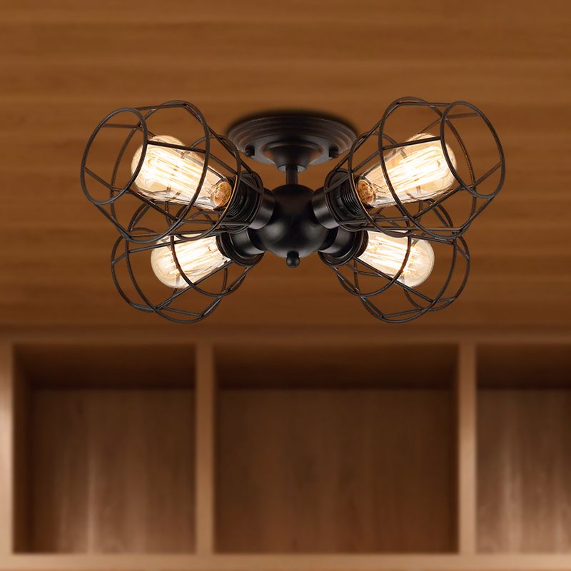 Käfig Schatten Metall halb Flush Pendelleuchte Industrie 4 Köpfe Schwarze Halbmontage Beleuchtung für Wohnzimmer