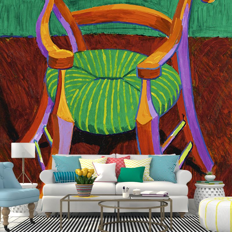 Orange-Green Art Wallpaper Murals Large Wooden Chair Drawing Wall Decor for Hallway