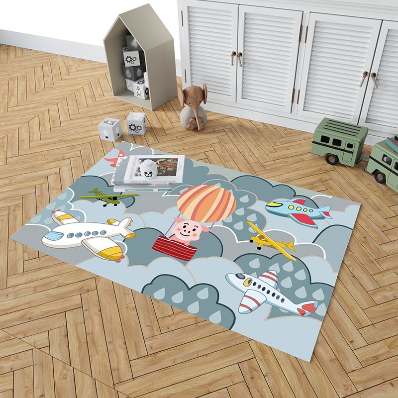 Kids Aeroplane Chess Print Rug Polyester Carpet Non-Slip Backing Indoor Rug for Children's Bedroom