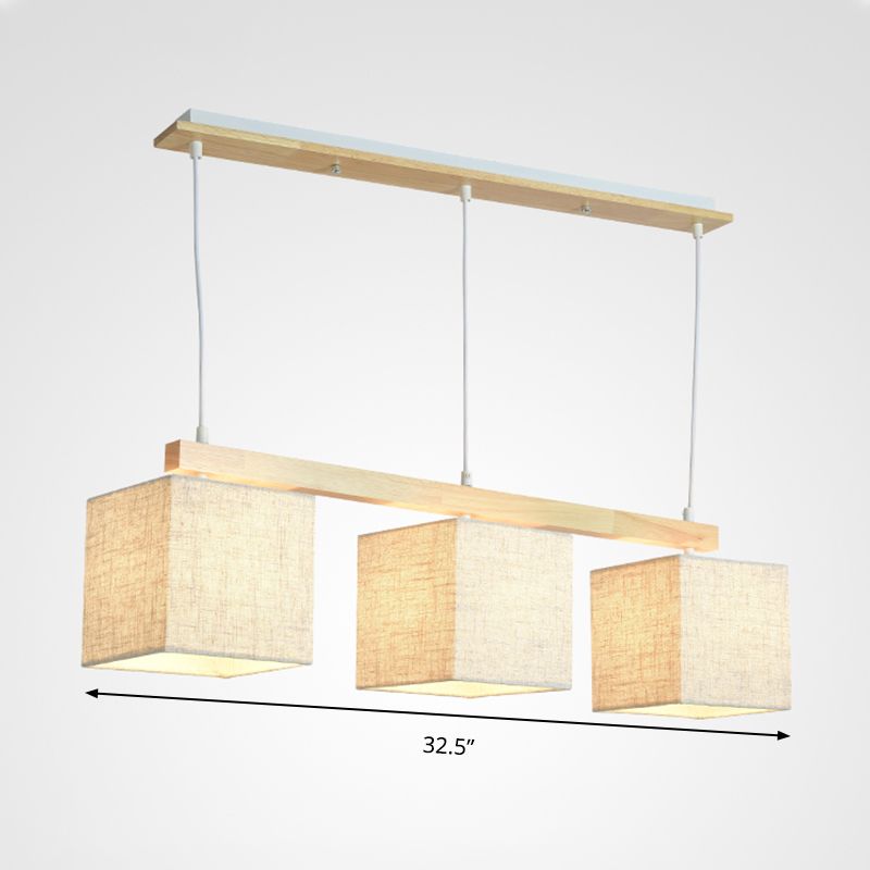 Simple Style 3 Heads Flaxen Square/Drum Island Pendant Light with Fabric Shade for Dining Room