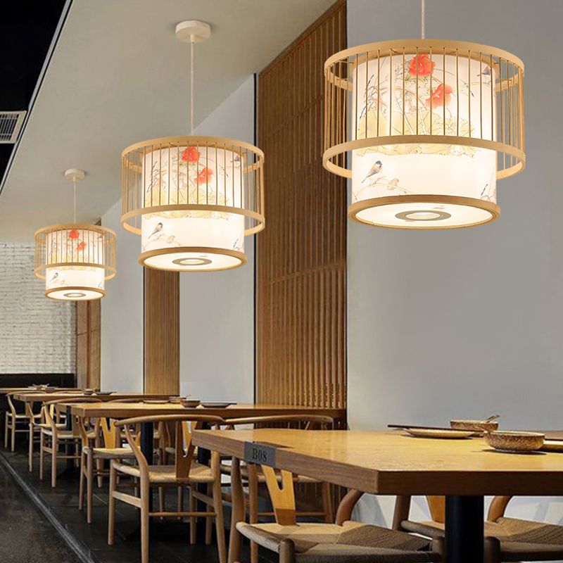 Chinesische Zylinderdecke Anhänger Leichte Bambus -Hängelampe für Teeberzimmer