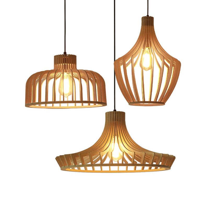 Cage Shaped Wooden Pendant Minimalism 1 Bulb Beige Suspension Lighting for Restaurant