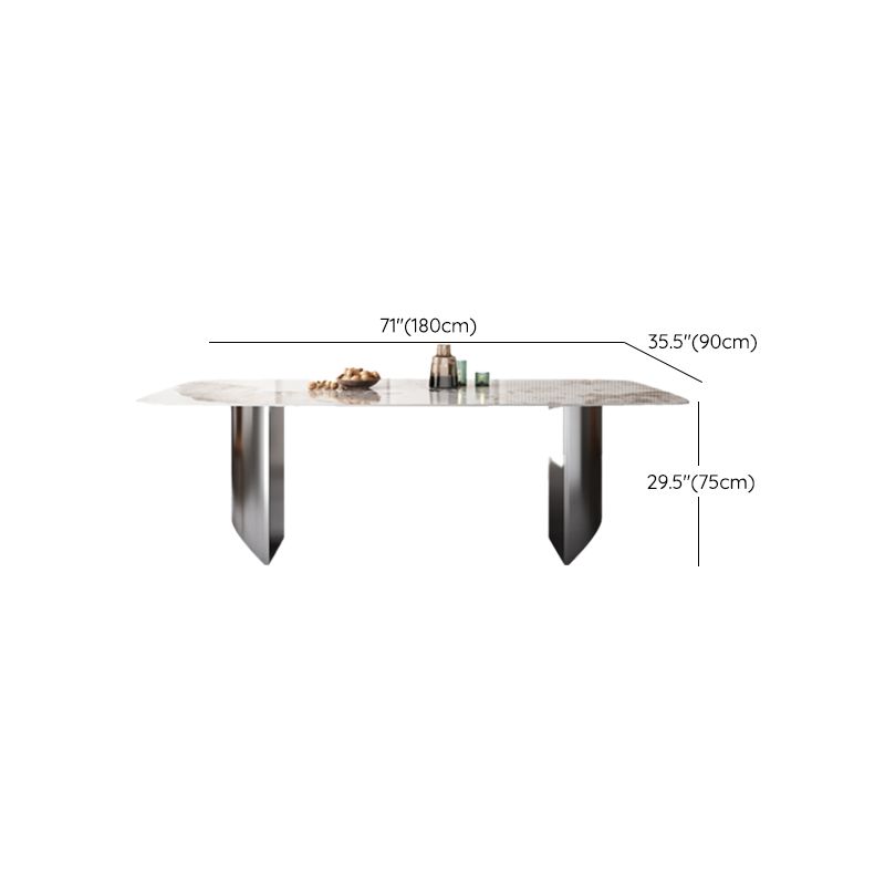 Modern Rectangular Stone Top Dining Table Double Pedestal Metal Base