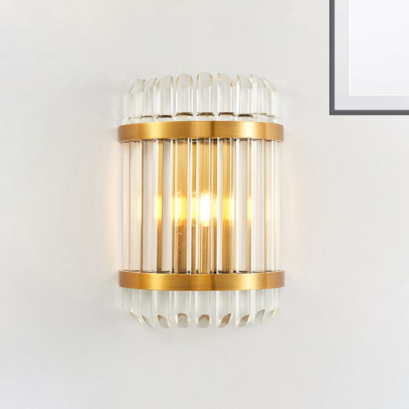 1/2 Lights Bedside Wall Sconce Modern Style Golden Wall Mount Light with Cylinder Clear Crystal Shade, 12"/21.5" W