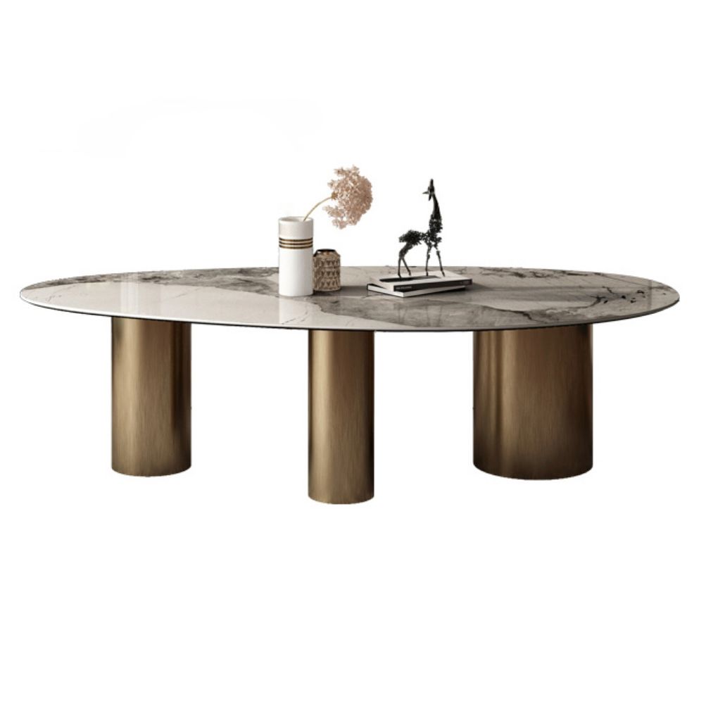 Oval Sintered Stone Dining Table Luxury Table in White with Metal 3 Legs Base