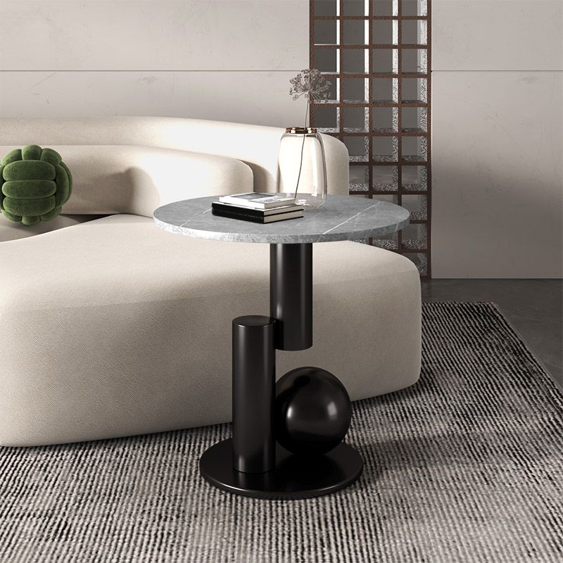 Contemporary Slate Round End Table Pedestal 21.7" Tall Sofa Side Table