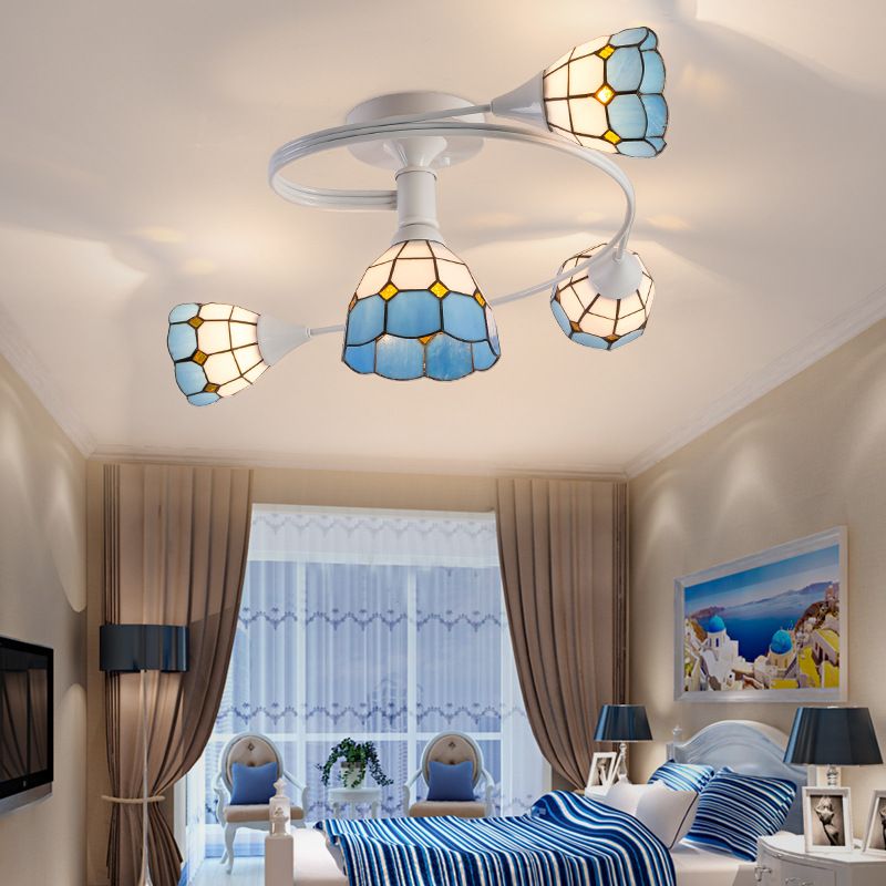 Floral Swirl Semi Flush Light Blue-White Glass Mediterranean Ceiling Light for Living Room