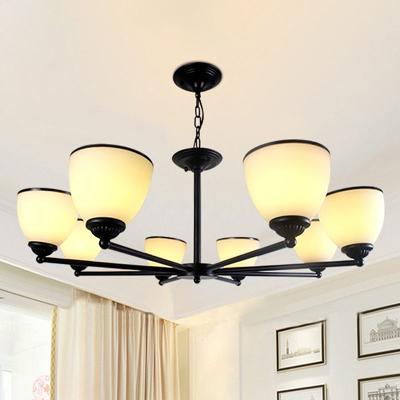 Metallic Radial Semi Flush Mount Light Retro Schlafzimmer Deckenmontage Kronleuchter mit Bellcremeglas Schatten in Schwarz