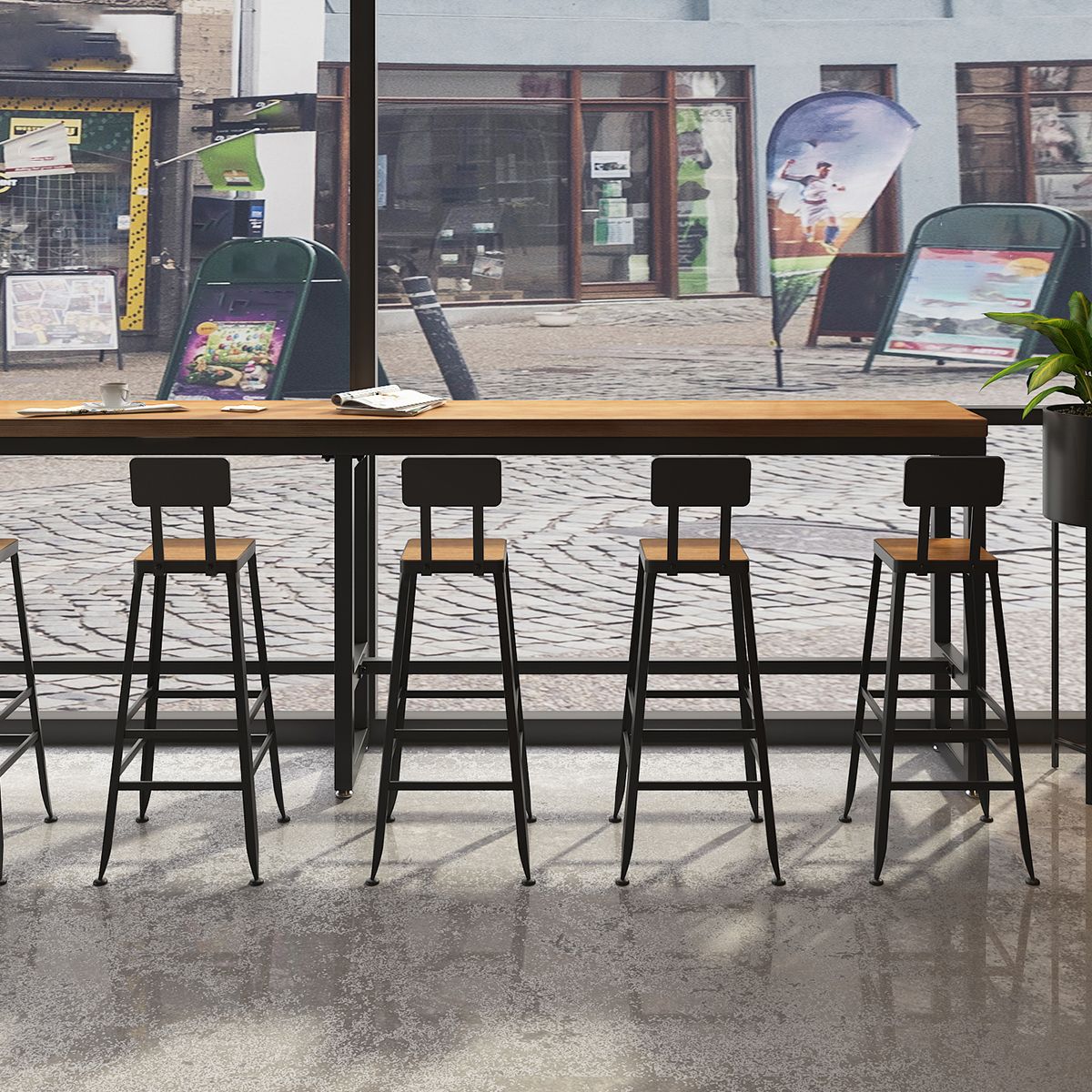 Brown Modern Style Rectangle in Solid Wood and Iron Table Coffee Shop Bar Table