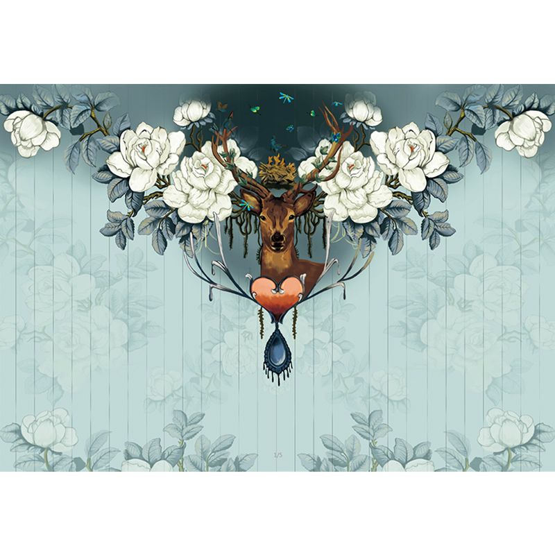 Peony Print Deer Wallpaper Murals Contemporary Smooth Wall Art in Grey and Green