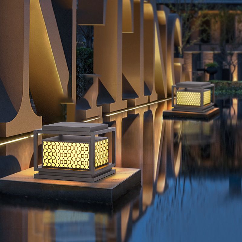 Metal Rectangle Shape Solar Pillar Lamp Modern 1 Light Outdoor Waterproof Light in Brown