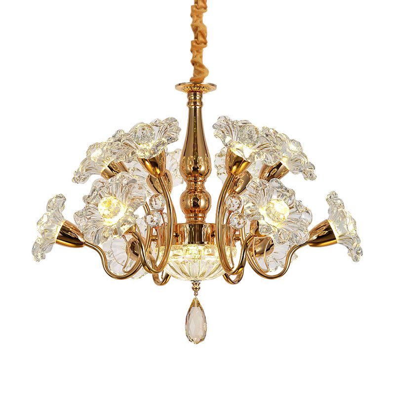 12 ampoules tourbillonnant le lustre traditionnel Gol d'or traditionnel clair à 2 niveaux de fleur de fleur de fleur de plafond