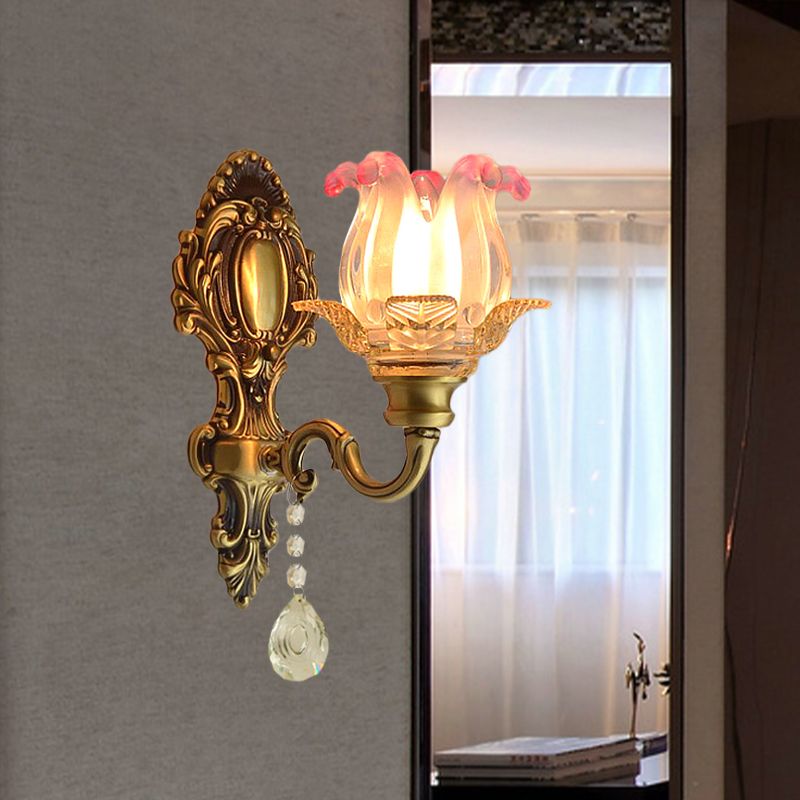 Retro Flower Wall Lighting Ideas 1 Bulb Pink-Clear Fading Glass Sconce Light in Brass