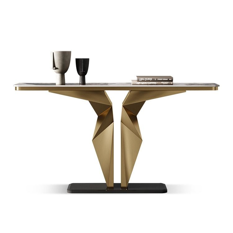 Stone Rectangle Console Table Glam 13.78" Wide Accent Table with Abstract Base
