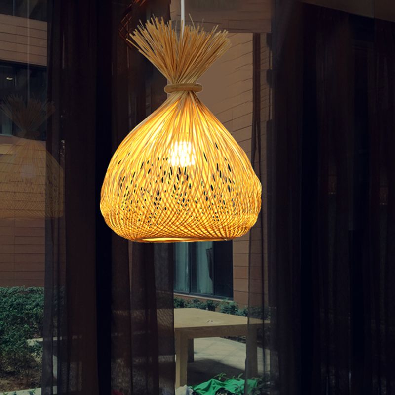 Cross-Woven Bamboo Sack Bag Pendant Chinese 1 Bulb Khaki Hanging Ceiling Light for Guest Room