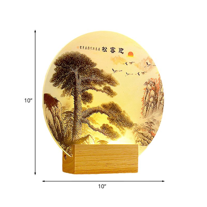 Round Pine Tree and Mountain Wall Light Oriental Style Acrylic LED Wood Wall Mural Lamp