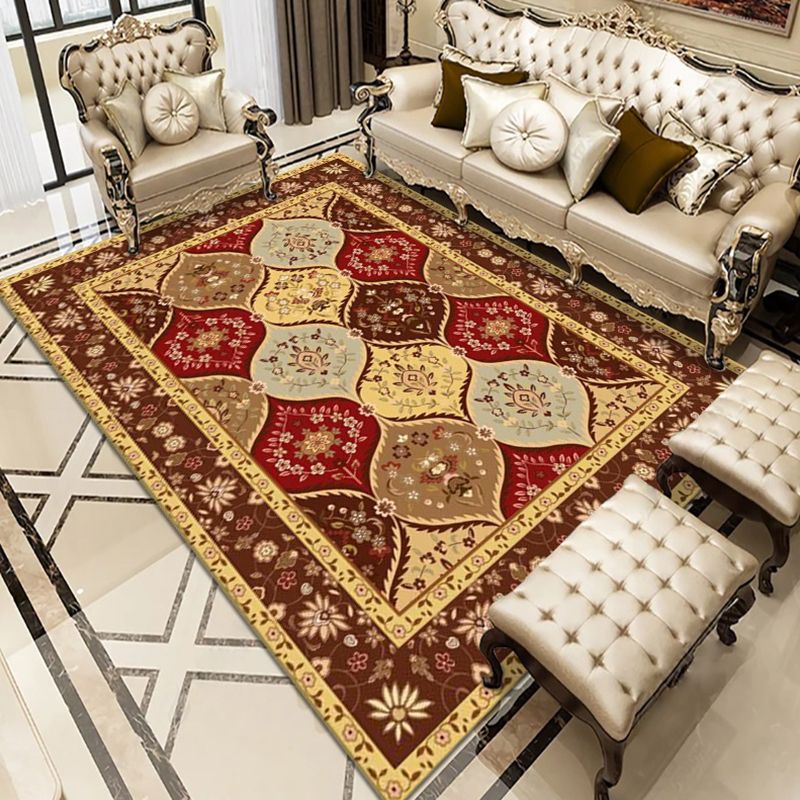 Dark Red Medallion Rug Polyester Modern Rug Washable Rug for Living Room