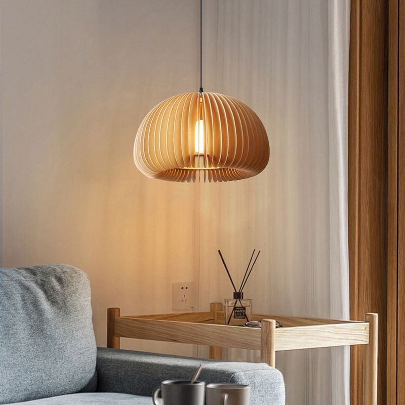 1 Light Pumpkin Shaped Pendant Lamp with Wood Frame Modern Suspension Lighting Fixture