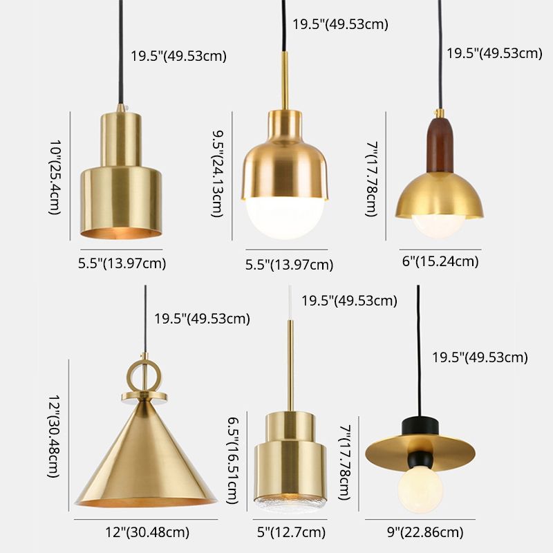 Postmodern Metal Pendant Light 1-Light Small Bedside Suspension Light Fixture in Brass