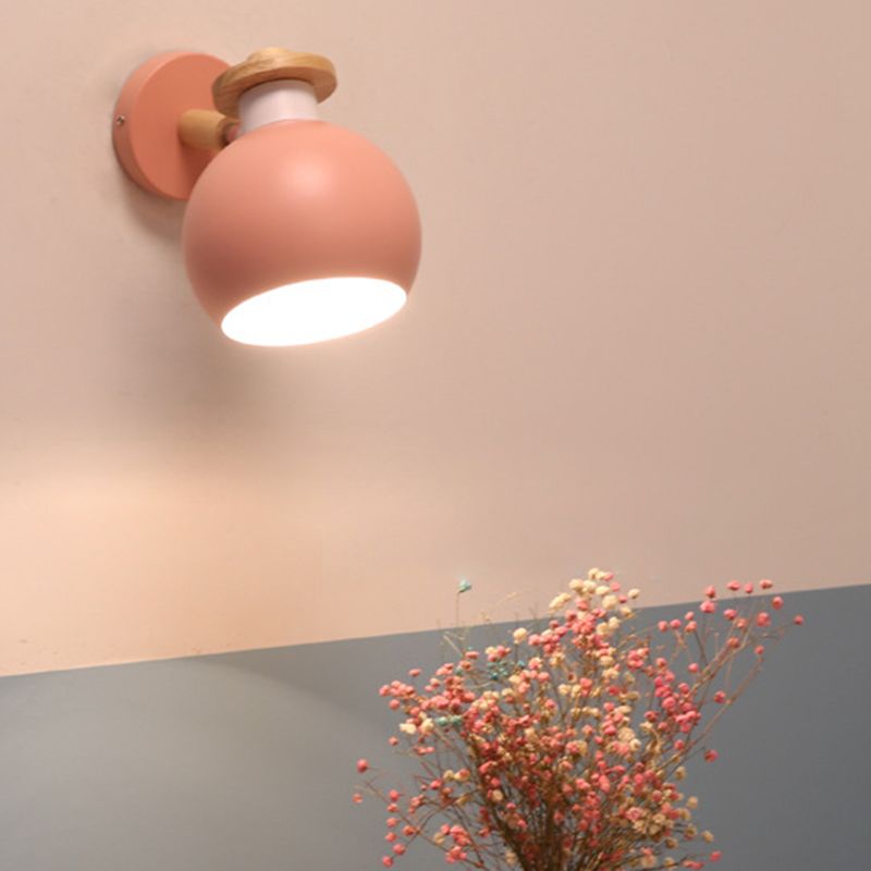 Metal Macaroon Globe Wall Lamp Single Bulb Nordic Wooden Mini Bedside Lamp with Adjustable Arm