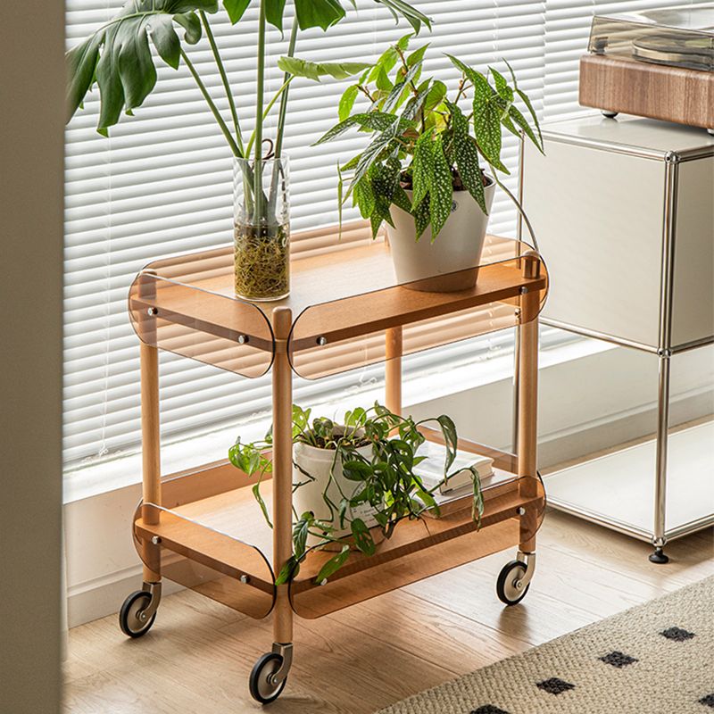 Rectangular Solid Wood End Table with Casters 28.7" Tall 2-Tier Side Table in Brown