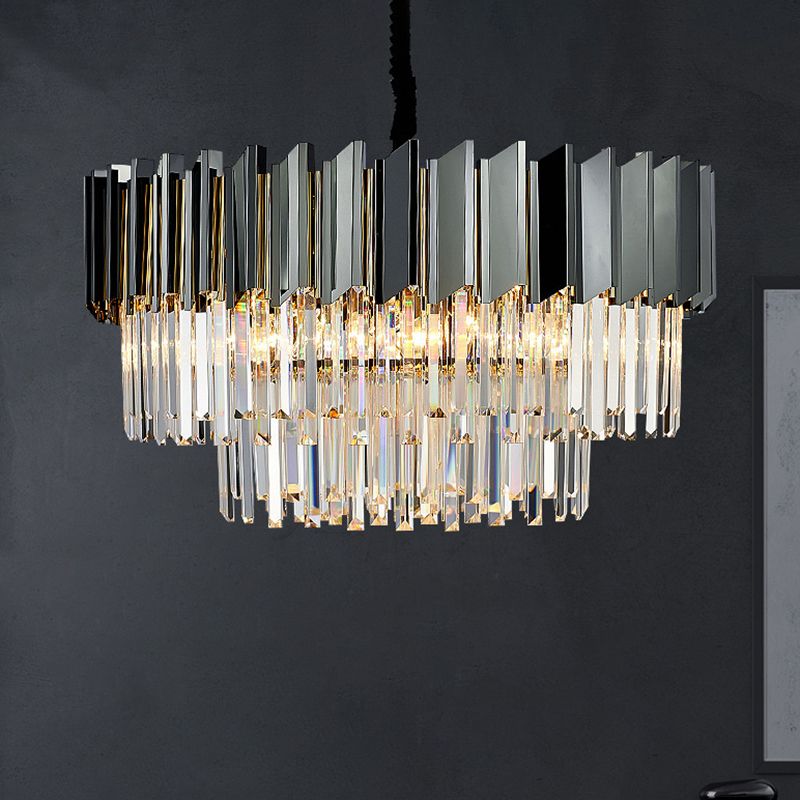 Tiered Suspension Light Artistic Strip Crystal Black Chandelier Light for Living Room