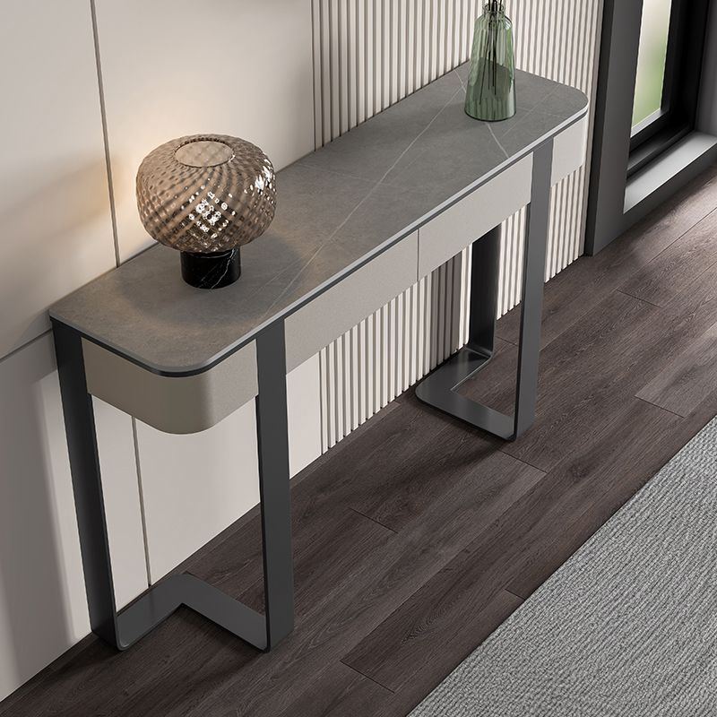 Modern Half Moon Console Table Stone Console Sofa Table in Gold/Grey/Black