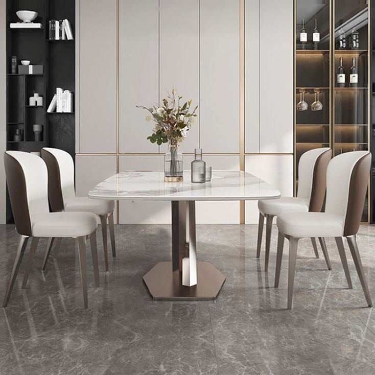 Mesa de comedor rectangular de lujo tradicional mesa de piedra sinterizada blanca con base de pedestal